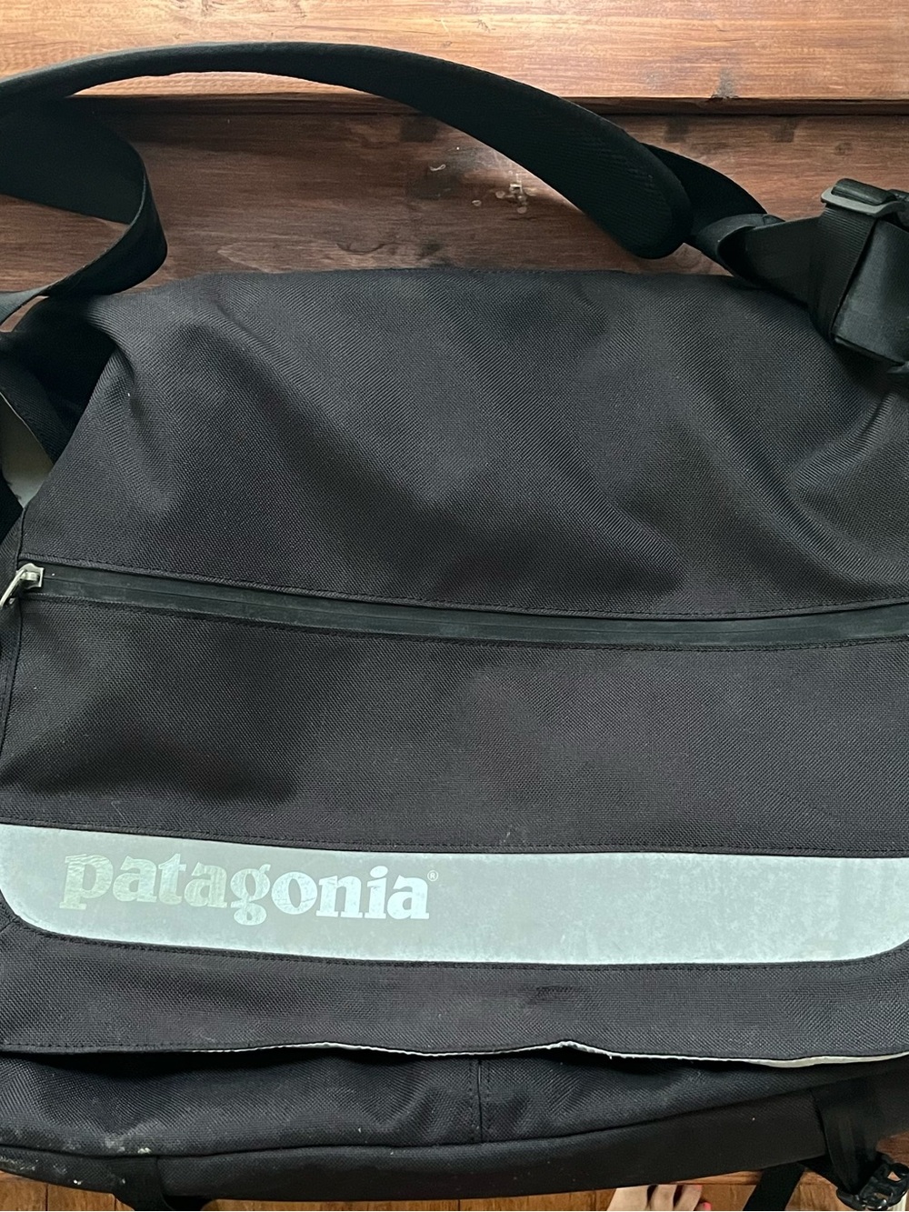 Patagonia Black Messenger Bag with Reflective Logo Strip
